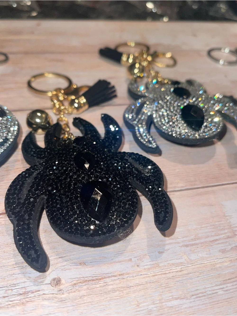 Rhinestone puffed Skull & Spiders Keychain Bag Charm with Tassel
